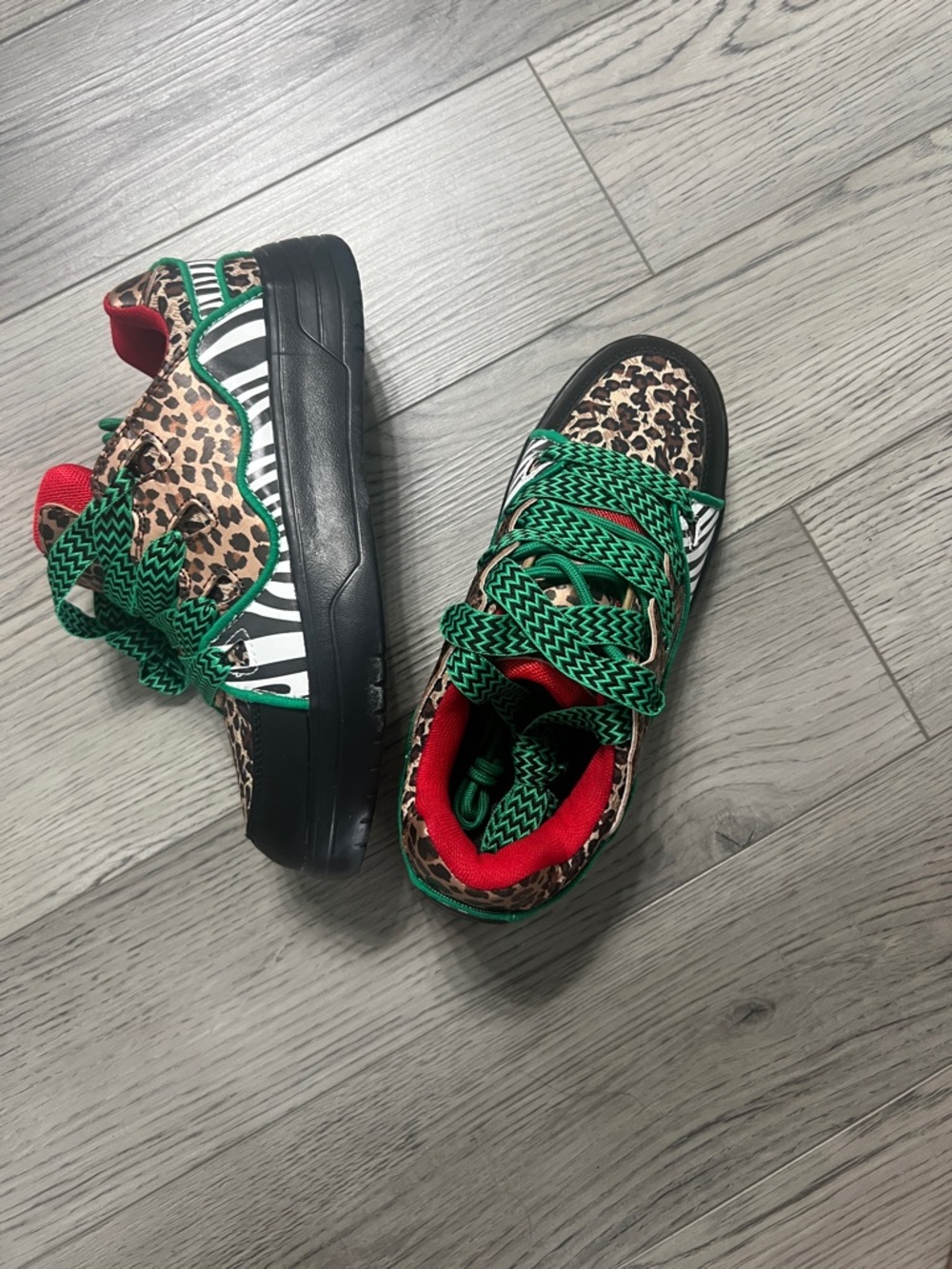 Leopard & Zebra Pattern Sneakers with Green Accents. Never worn size 8